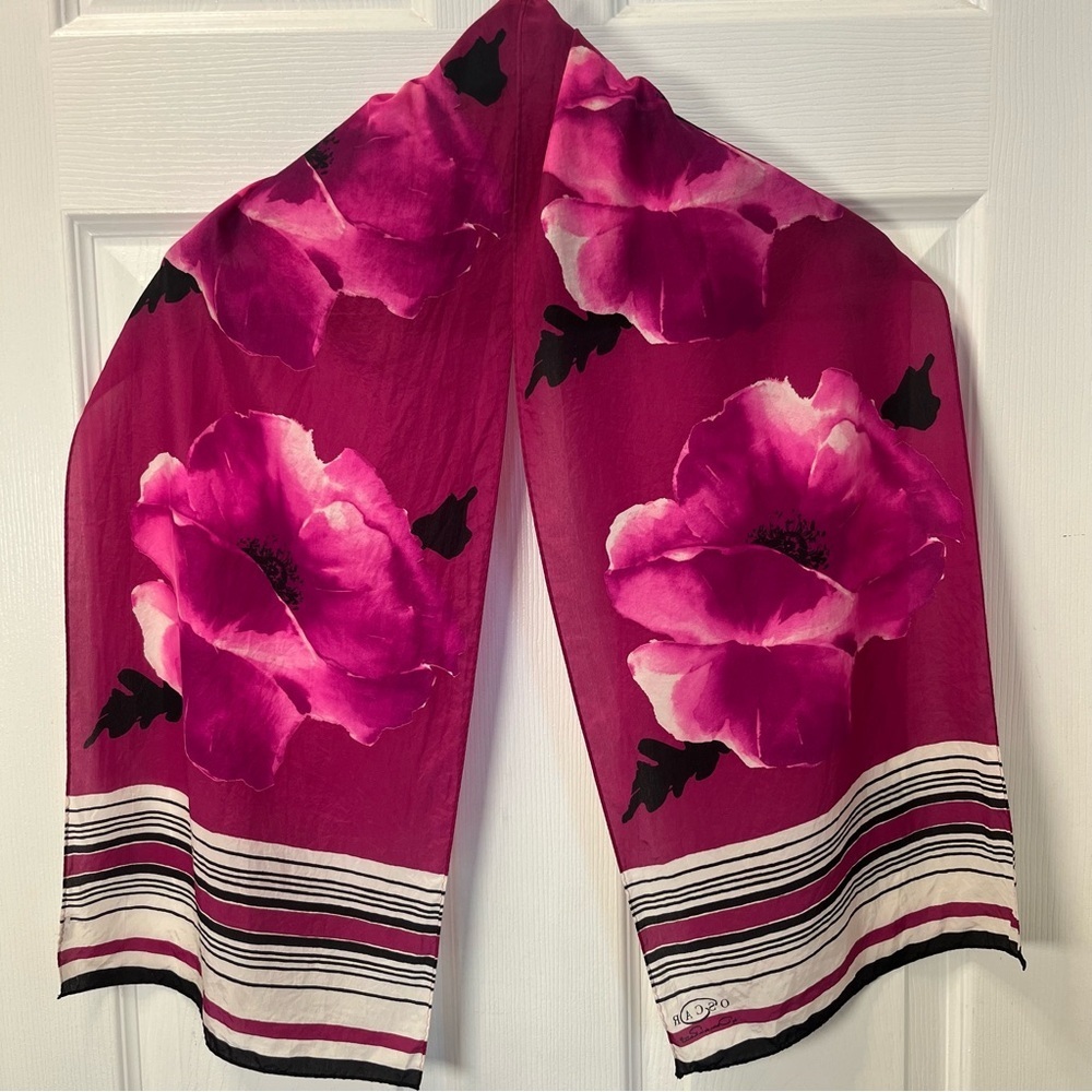 Oscar de la Renta vintage Silk Satin Floral Poppy Fuchsia Pink Scarf Wrap oblong - Picture 8 of 8